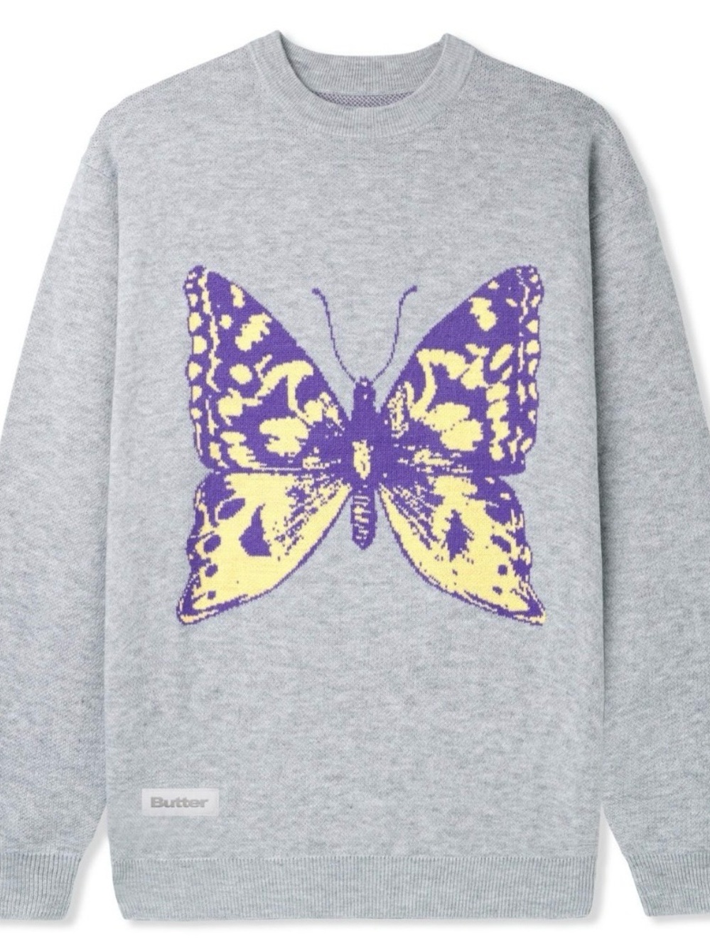 Butter Goods Men’s Grey knit sweater with Purple & Yellow Butterfly XL